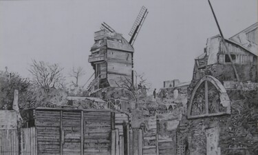 Dessin intitulée "Paris - Le moulin d…" par Gérard Baty, Œuvre d'art originale, Crayon
