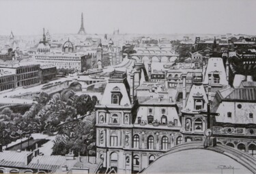 Dessin intitulée "Les ponts de Paris." par Gérard Baty, Œuvre d'art originale, Crayon