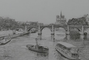 Dessin intitulée "La Seine et le pont…" par Gérard Baty, Œuvre d'art originale