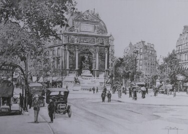 Dessin intitulée "Paris - La fontaine…" par Gérard Baty, Œuvre d'art originale, Crayon