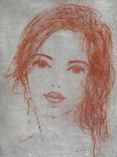Drawing titled "Visage" by Gérard Cottereau, Original Artwork, Chalk Mounted on Cardboard