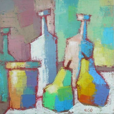 Painting titled "Bouteilles et poires" by Gérard Cottereau, Original Artwork, Oil