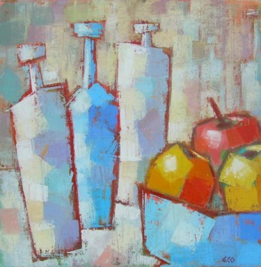 Painting titled "Bouteilles et pommes" by Gérard Cottereau, Original Artwork, Oil