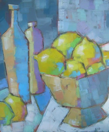 Painting titled "Bouteilles et citro…" by Gérard Cottereau, Original Artwork, Oil