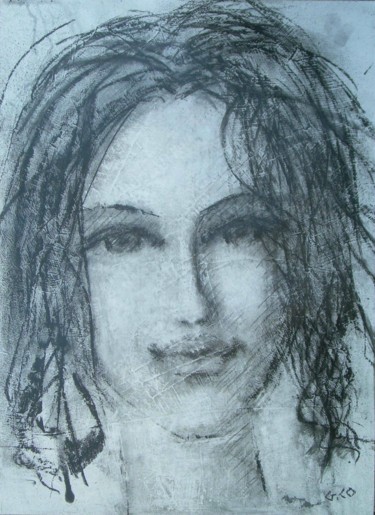 Drawing titled "Visage" by Gérard Cottereau, Original Artwork, Chalk