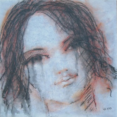 Drawing titled "Visage" by Gérard Cottereau, Original Artwork, Chalk