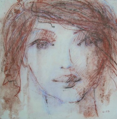 Drawing titled "Visage" by Gérard Cottereau, Original Artwork, Chalk