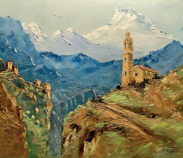 Schilderij getiteld "Montagne 1" door Gérard Crouzet, Origineel Kunstwerk, Olie Gemonteerd op Frame voor houten brancard
