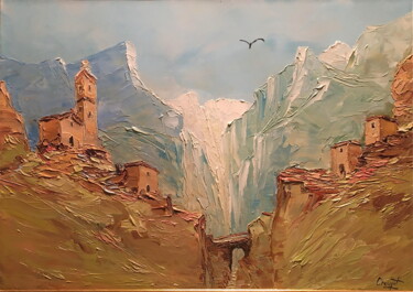 Painting titled "Montagne 2" by Gérard Crouzet, Original Artwork, Oil Mounted on Wood Stretcher frame