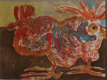 Painting titled "Tableau 20, la poule" by Gérard Cyne, Original Artwork, Gouache Mounted on Wood Stretcher frame