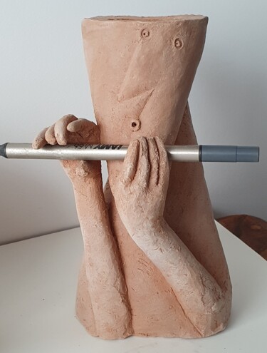 Sculpture intitulée "Joueur de flute" par Gérard Cyne, Œuvre d'art originale, Terre cuite