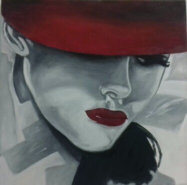 Картина под названием "Femme au chapeau ro…" - Gerard Dessertine, Подлинное произведение искусства, Масло