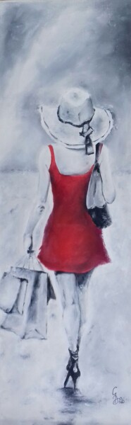 Painting titled "shopping in the rain" by Gerard Dessertine, Original Artwork, Oil Mounted on Wood Stretcher frame