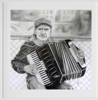Dessin intitulée "accordéoniste sur l…" par Gerard Dessertine, Œuvre d'art originale, Crayon Monté sur Panneau de bois