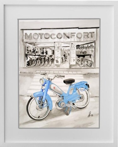Drawing titled "Mobylette Bleue A 88" by Gerard Dessertine, Original Artwork, Watercolor