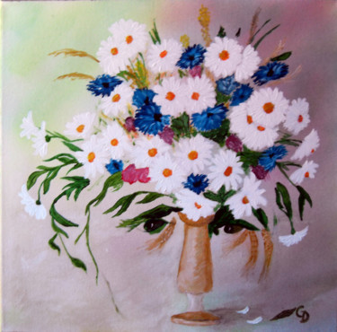 Painting titled "232- Marguerites et…" by Gdlapalette, Original Artwork, Acrylic Mounted on Wood Stretcher frame