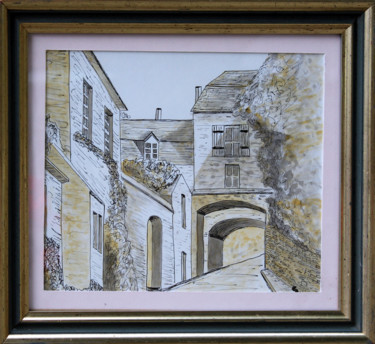 Painting titled "263 - Rue de village" by Gdlapalette, Original Artwork, Watercolor Mounted on Cardboard
