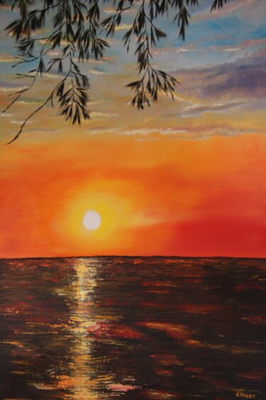 Painting titled "Coucher de soleil à…" by Gerard Fayet, Original Artwork, Oil Mounted on Wood Stretcher frame