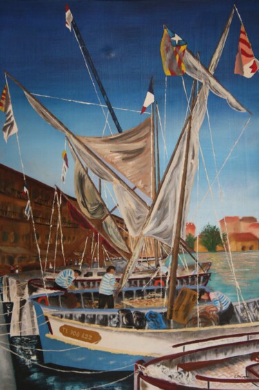Painting titled "Voiliers de Saint T…" by Gerard Fayet, Original Artwork, Oil Mounted on Wood Stretcher frame