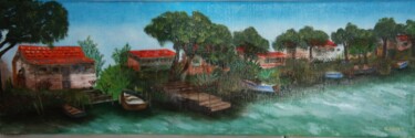 Painting titled "Canal du Midi" by Gerard Fayet, Original Artwork, Oil Mounted on Wood Stretcher frame