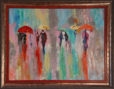 Painting titled "Les parapluies" by Gerard Fayet, Original Artwork, Oil Mounted on Wood Stretcher frame