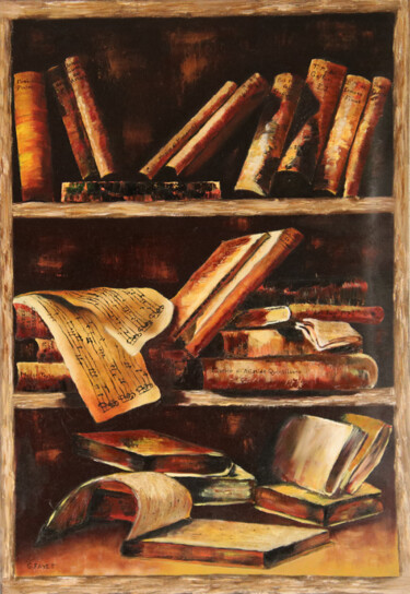 Painting titled "Livres anciens" by Gerard Fayet, Original Artwork, Oil Mounted on Wood Stretcher frame