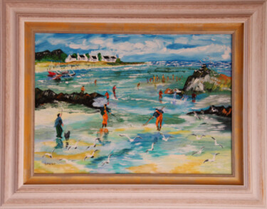 Painting titled "Mouettes en Bretagne" by Gerard Fayet, Original Artwork, Oil Mounted on Wood Stretcher frame