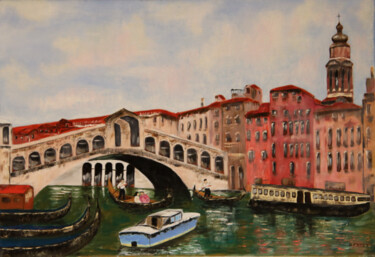 Painting titled "Le Rialto à Venise" by Gerard Fayet, Original Artwork, Oil Mounted on Wood Stretcher frame