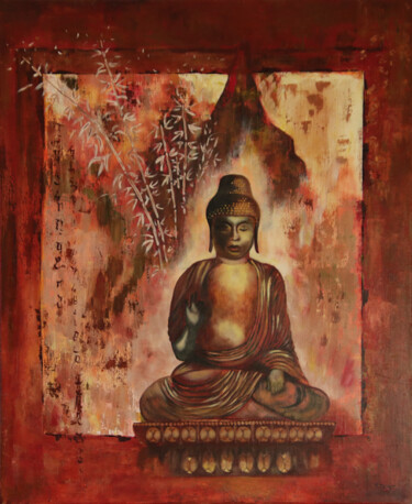 Painting titled "Statue de Bouddha e…" by Gerard Fayet, Original Artwork, Oil Mounted on Wood Stretcher frame