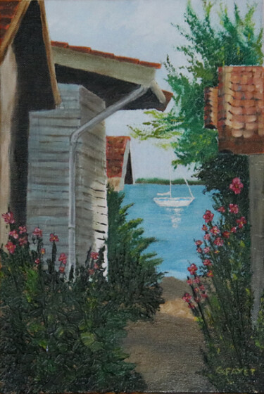 Painting titled "Roses trémières au…" by Gerard Fayet, Original Artwork, Oil Mounted on Wood Stretcher frame