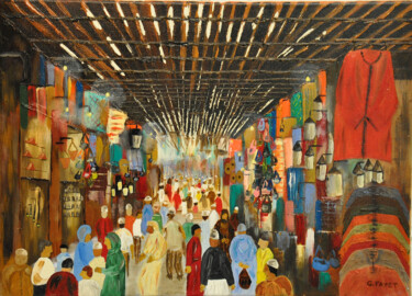 Painting titled "Souk de Marrakech" by Gerard Fayet, Original Artwork, Oil Mounted on Wood Stretcher frame