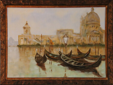 Painting titled "Gondoles à Venise" by Gerard Fayet, Original Artwork, Oil Mounted on Wood Stretcher frame