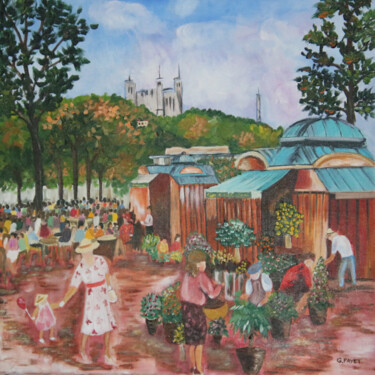 Peinture intitulée "Fleuristes place Be…" par Gerard Fayet, Œuvre d'art originale, Huile Monté sur Châssis en bois