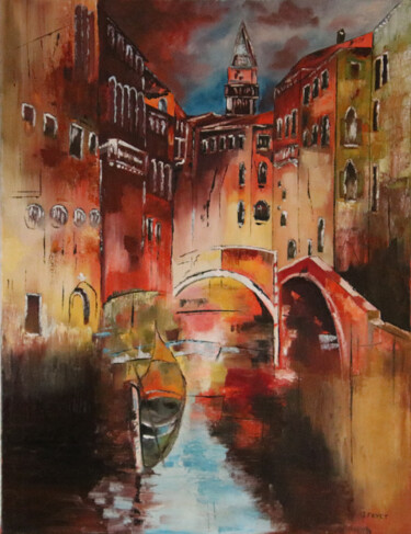 Pintura intitulada "Ponts à Venise" por Gerard Fayet, Obras de arte originais, Óleo Montado em Armação em madeira