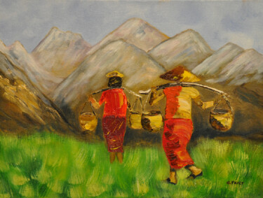 Painting titled "Retour des champs a…" by Gerard Fayet, Original Artwork, Oil Mounted on Wood Stretcher frame