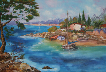 Painting titled "Pin au bord de l'eau" by Gerard Fayet, Original Artwork, Oil Mounted on Wood Stretcher frame