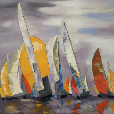 Painting titled "Voiliers en course" by Gerard Fayet, Original Artwork, Oil Mounted on Wood Stretcher frame