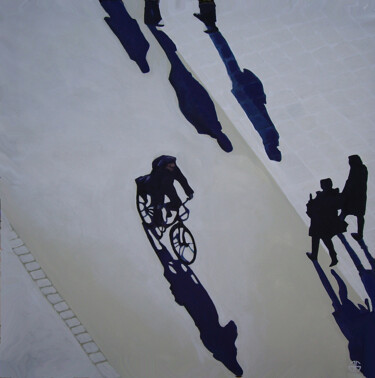 Painting titled "bike in the street" by Gerard Jouannet, Original Artwork, Acrylic Mounted on Wood Stretcher frame