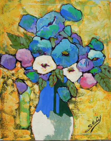 Painting titled "fleurs bleues" by Gérard Michel, Original Artwork, Acrylic Mounted on Wood Stretcher frame