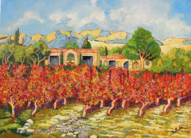 Peinture intitulée "vignes rouges en au…" par Gérard Michel, Œuvre d'art originale, Acrylique Monté sur Châssis en bois