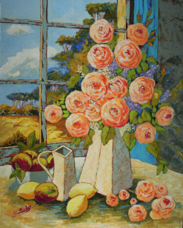 Peinture intitulée "vase devant fenêtre" par Gérard Michel, Œuvre d'art originale, Acrylique Monté sur Châssis en bois