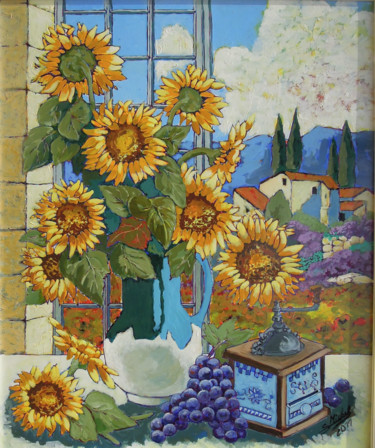 Painting titled "tournesols" by Gérard Michel, Original Artwork, Acrylic Mounted on Wood Stretcher frame