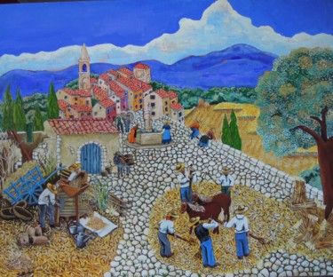 Peinture intitulée "Foulage des blés" par Gérard Michel, Œuvre d'art originale, Huile