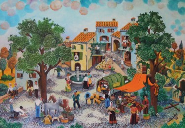 Pintura intitulada "Le marché au village" por Gérard Michel, Obras de arte originais, Óleo