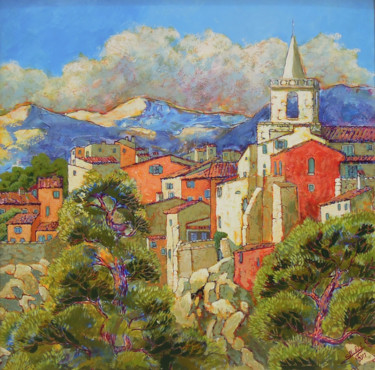 Painting titled "Village-provencal" by Gérard Michel, Original Artwork, Acrylic Mounted on Wood Stretcher frame