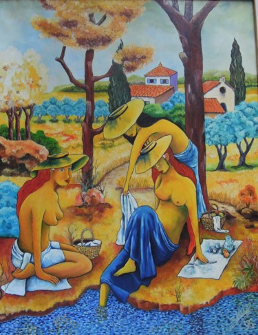 Peinture intitulée "sortie de bain" par Gérard Michel, Œuvre d'art originale, Huile Monté sur Châssis en bois