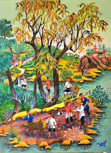 Peinture intitulée "Retour des champs" par Gérard Michel, Œuvre d'art originale, Huile Monté sur Châssis en bois