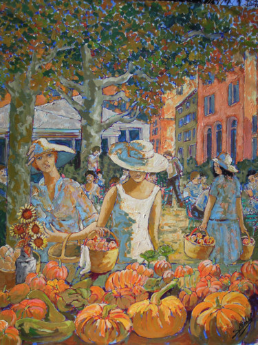 Painting titled "Marché aux cougourd…" by Gérard Michel, Original Artwork, Acrylic Mounted on Wood Stretcher frame