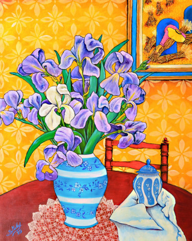 Painting titled "iris n°2" by Gérard Michel, Original Artwork, Oil Mounted on Wood Stretcher frame