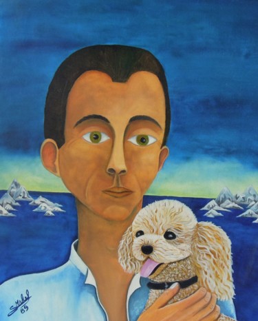 Pittura intitolato "portrait-avec-chien" da Gérard Michel, Opera d'arte originale, Olio